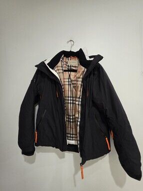 Burberry London Black Weatherproof Hooded Ski Jacket Iconic Check Lining​